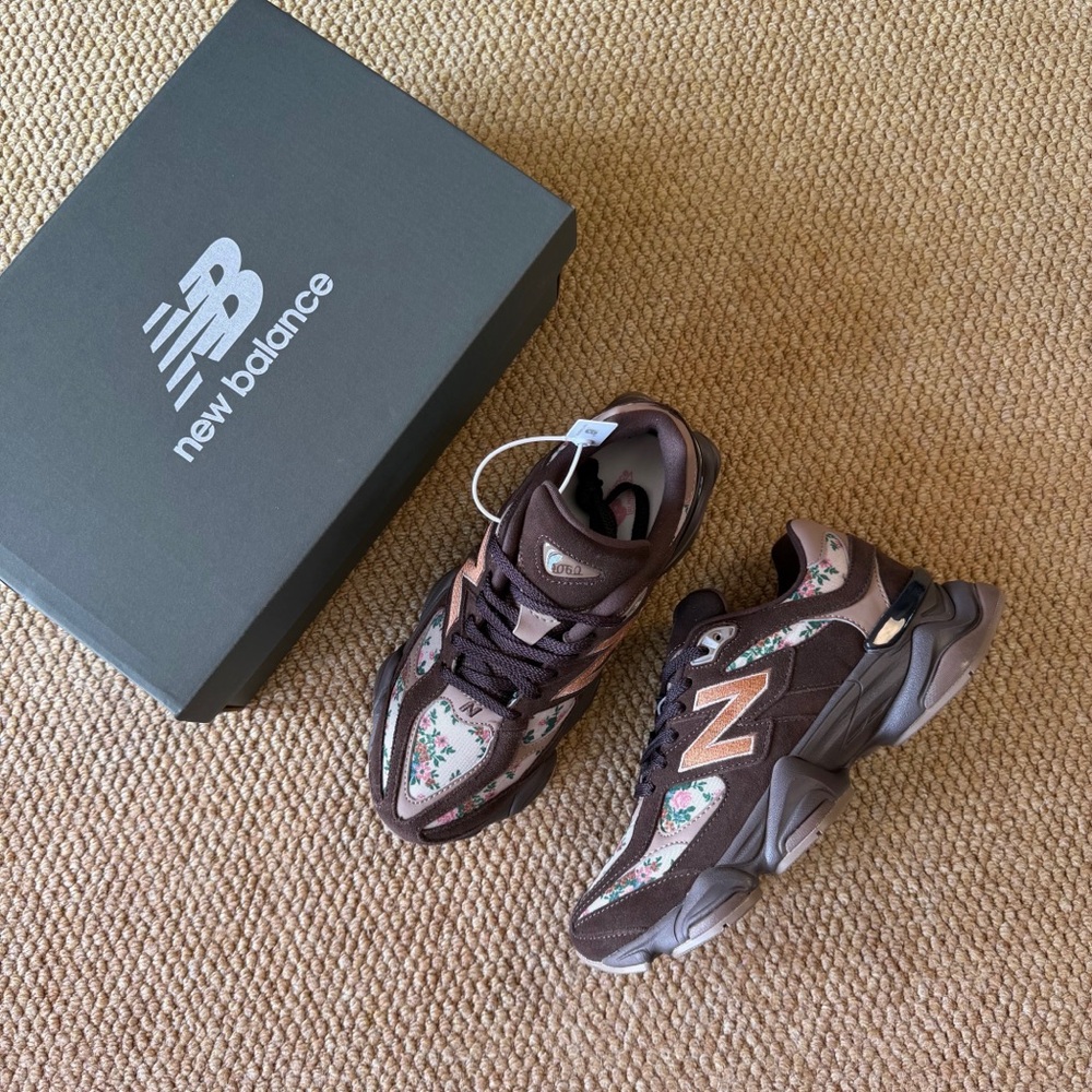 New Balance 9060 Brown Sneakers with Pink Floral Accents